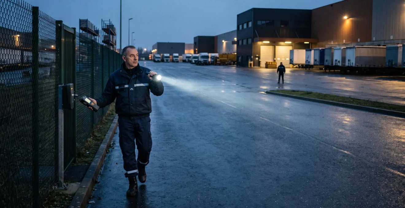 Un agent de sécurité effectue une ronde au crépuscule sur un grand site industriel, une lampe torche et un lecteur de points de contrôle en main.