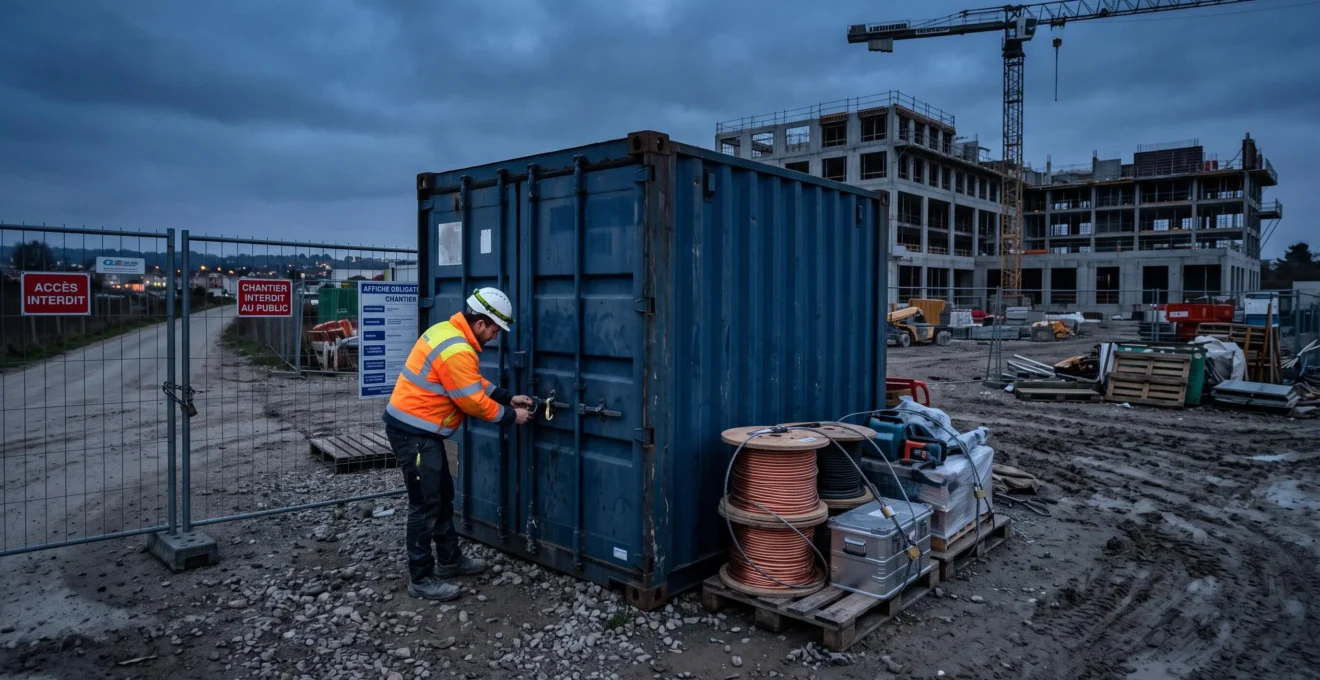 Un ouvrier de chantier ferme à clé un conteneur sécurisé contenant du matériel et des matériaux de valeur en fin de journée sur un chantier français.