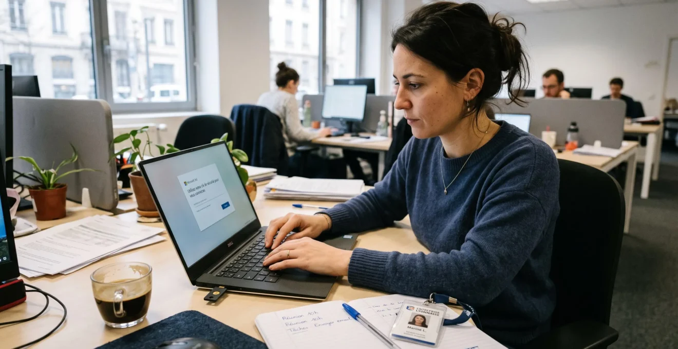 Une salariée insère une clé de sécurité USB dans son ordinateur portable pour valider sa connexion au bureau.