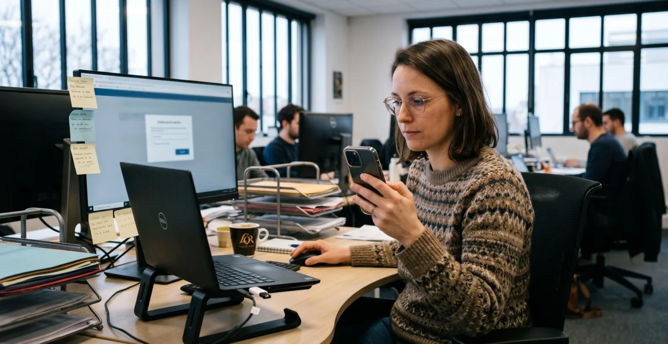 Une salariée valide une action sensible sur son ordinateur de bureau en consultant un code sur son smartphone, avec une clé de sécurité branchée sur un ordinateur portable voisin.