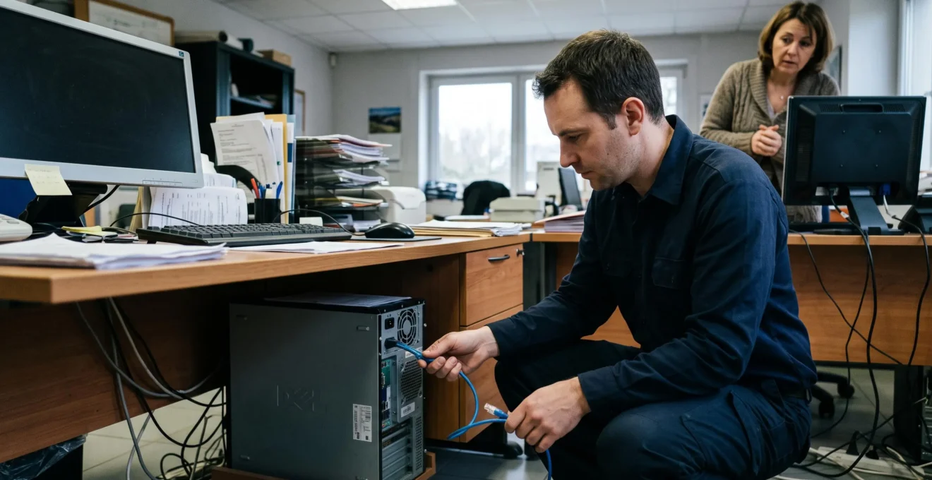 Un technicien informatique débranche le câble Ethernet d'un poste de travail dans un bureau d'entreprise pendant une suspicion d'incident.