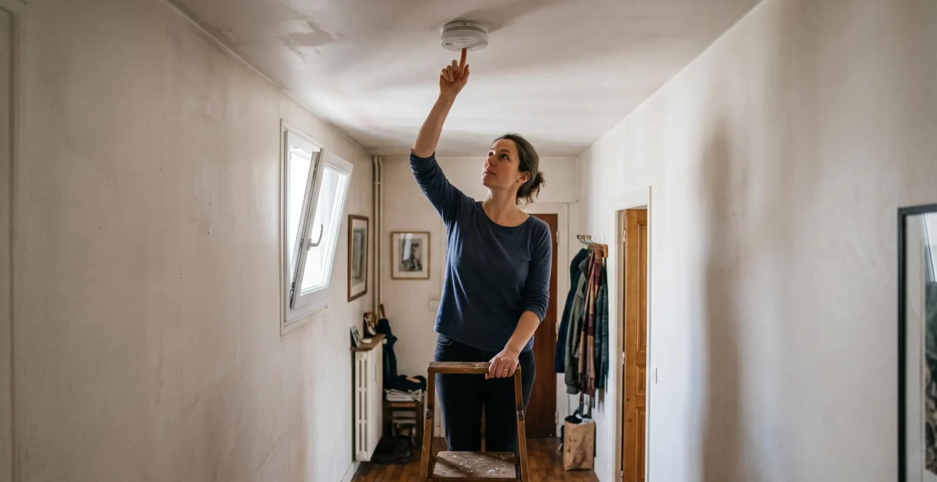Une personne sur un escabeau appuie sur le bouton de test d'un détecteur de fumée fixé au plafond du couloir de son logement.