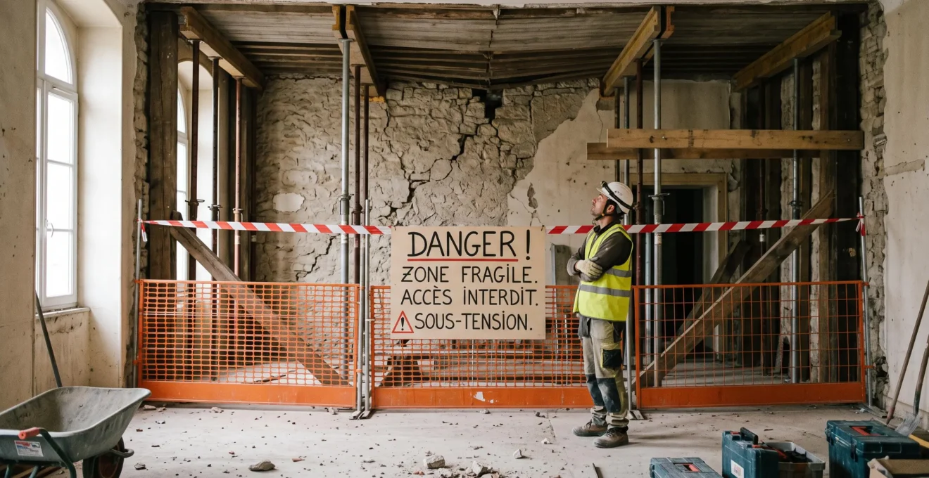Une zone fragilisée avec un mur fissuré et des étaiements provisoires est fermée par des barrières sur un chantier, un ouvrier casqué observe la fissure depuis l'extérieur du périmètre.